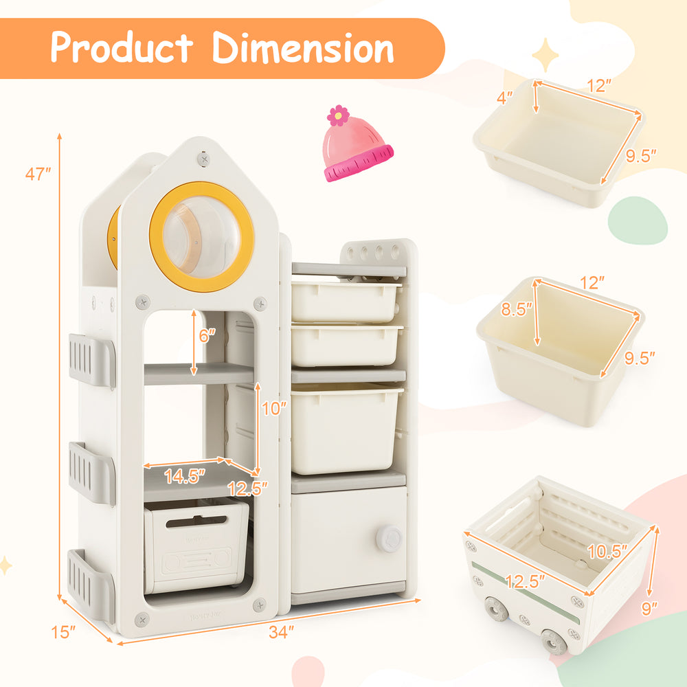 Multipurpose gray toy chest and bookshelf with mobile trolley, featuring storage bins and safety features for kids'.