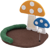 Mushroom cat bed with sisal scratch panel and playful ball, offering comfort and fun for your feline friend.