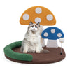 Mushroom cat bed with sisal scratch panel, featuring a wide resting area and playful decorations for feline fun.