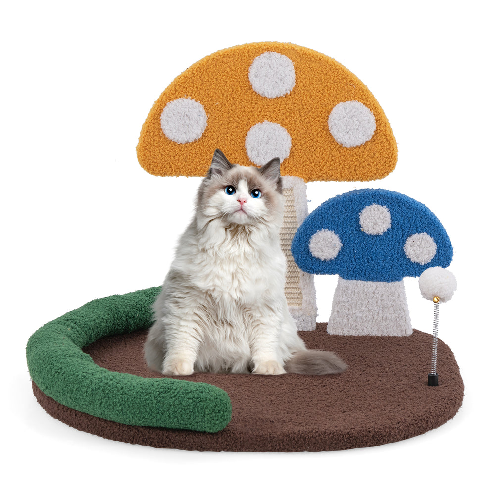 Mushroom cat bed with sisal scratch panel, featuring a wide resting area and playful decorations for feline fun.