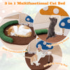 Multicolor mushroom cat bed with wide sleeping area, sisal scratch panel, and swinging ball for playful relaxation.