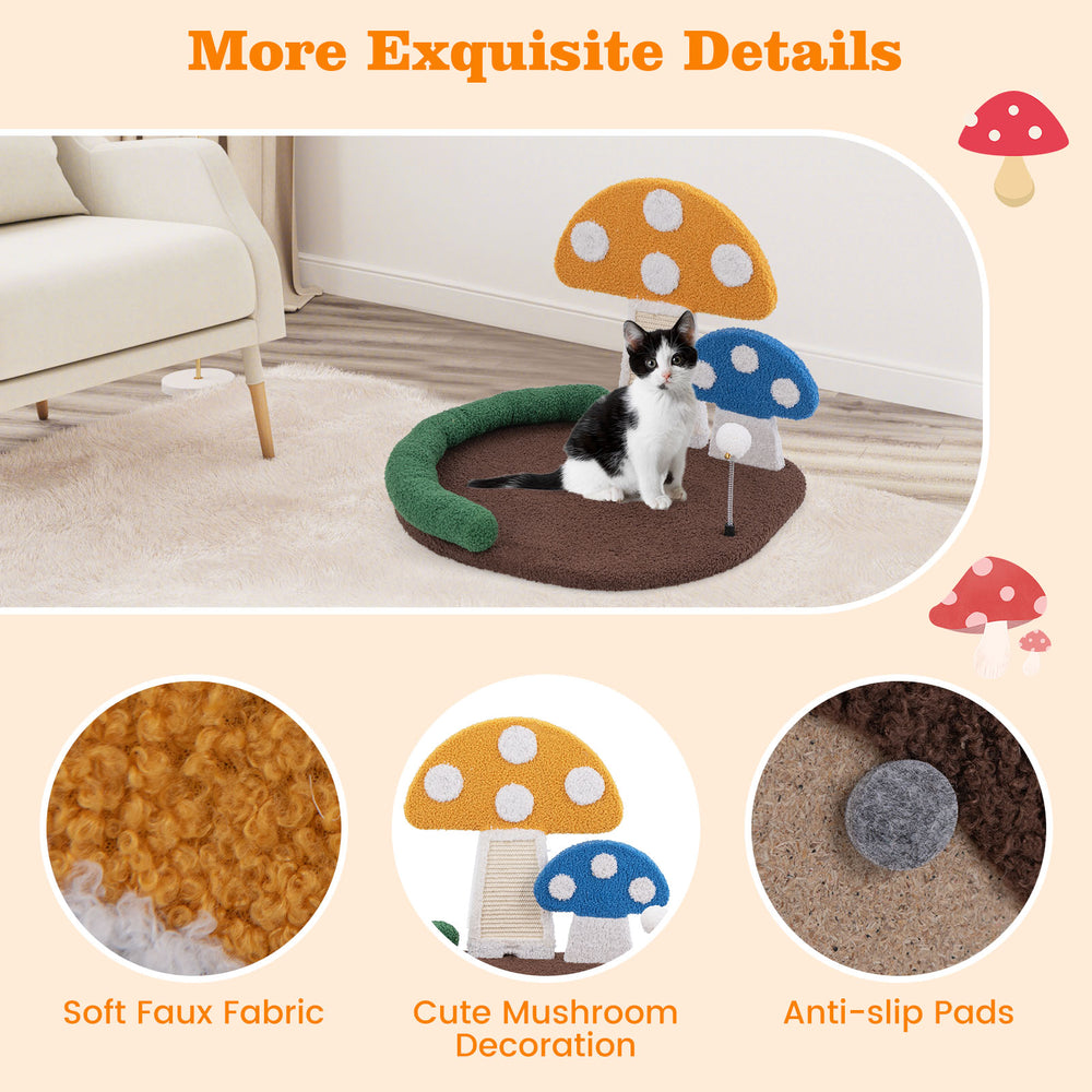 Mushroom cat bed with sisal scratch panel, soft faux fabric, and playful design for comfortable resting and claw.