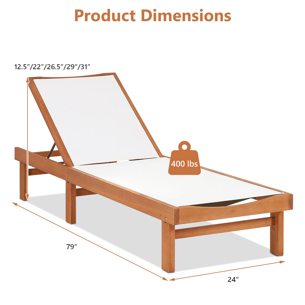 Costway Chaise Lounge Chair Outdoor Wood 5 Position Adjustable Back New