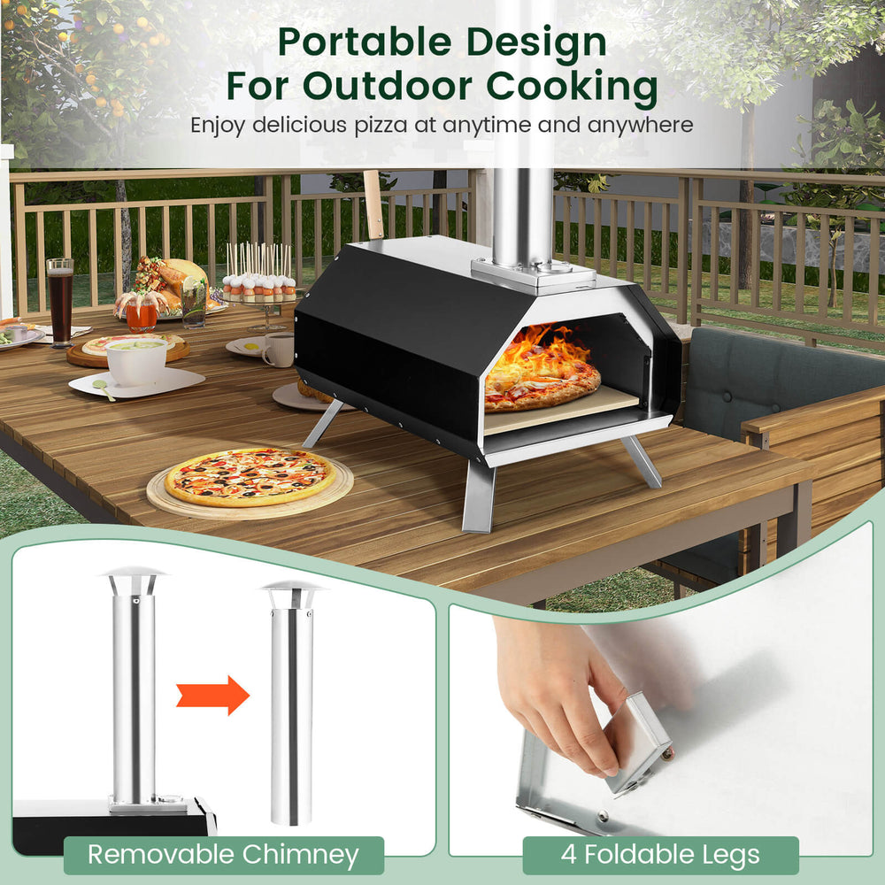 Outdoor pizza oven with removable chimney and foldable legs, perfect for camping and cooking delicious pizzas outdoors.