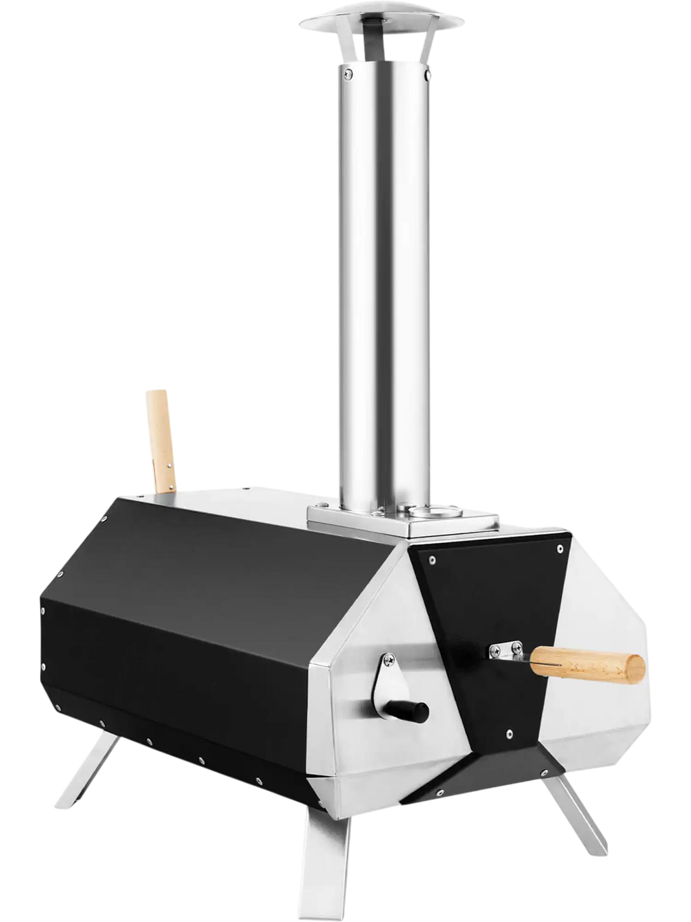 Outdoor pizza oven in black with stainless steel accents, featuring foldable legs and a chimney for easy transport.