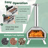 Outdoor pizza oven with removable door, cooking pizza at 930℉, featuring foldable legs for easy transport and storage.