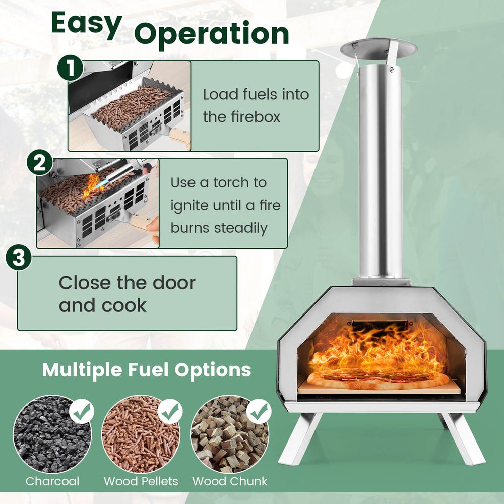 Outdoor pizza oven with removable door, cooking pizza at 930℉, featuring foldable legs for easy transport and storage.