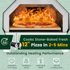 Outdoor pizza oven with pizza stone, cooking 12" pizzas in 2-5 minutes, featuring foldable legs for easy transport.
