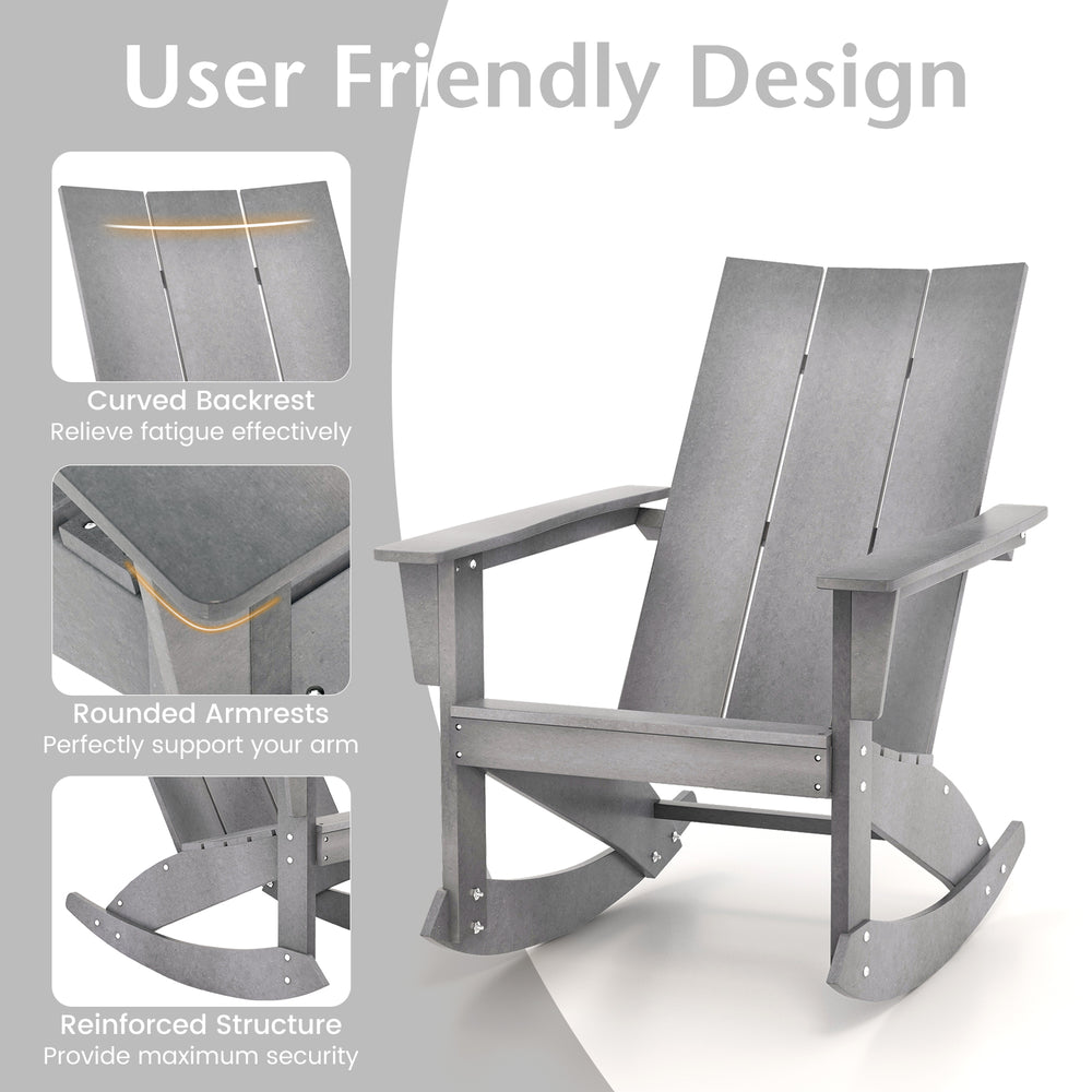 Adirondack rocking chair in gray with curved backrest and rounded armrests, perfect for balcony relaxation.
