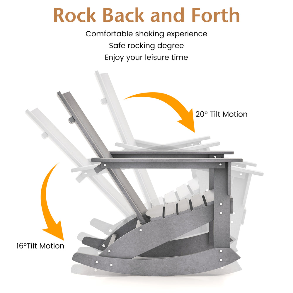 Adirondack rocking chair in gray showcasing 20° tilt motion and curved back for comfortable outdoor relaxation.