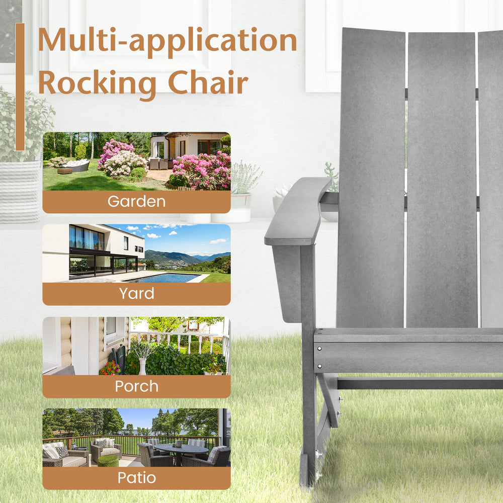 Adirondack rocking chair in gray with curved backrest, perfect for outdoor use in garden, porch, or patio.