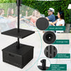 Outdoor fillable umbrella base with table tray in black, featuring a wood-like finish and drainage hole for stability.