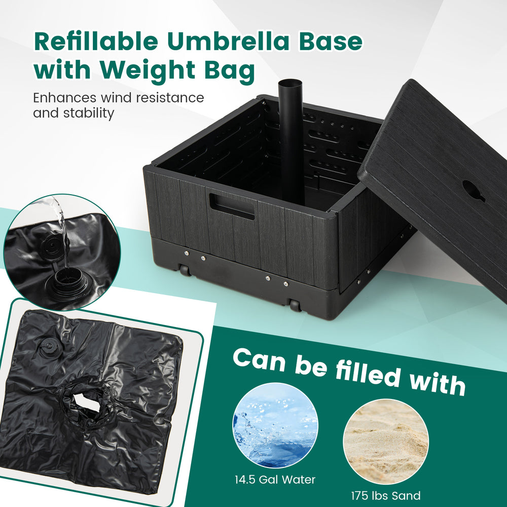 Fillable umbrella base in black, holding 175 lbs with table tray, designed for stability and easy mobility for outdoor.