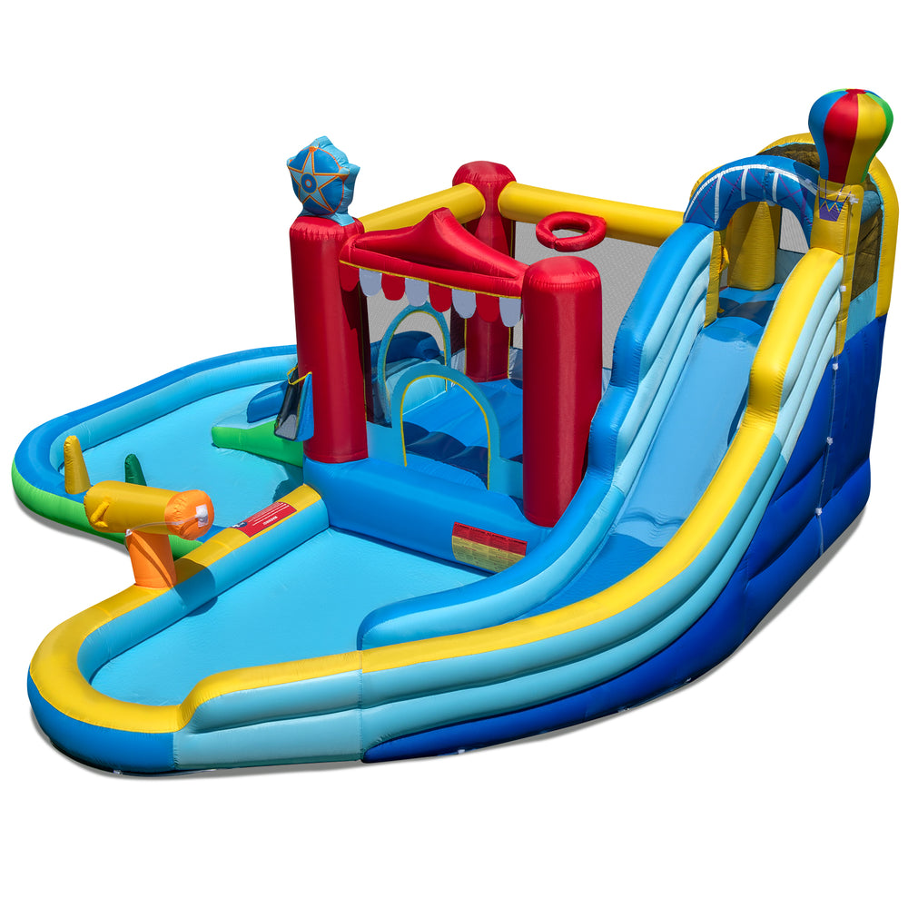 Inflatable water park with slide, splash pool, and water cannon for summer fun, featuring a bounce house and climbing.