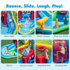 Inflatable water park featuring a water slide, splash pool, and climbing wall for fun summer birthday parties.