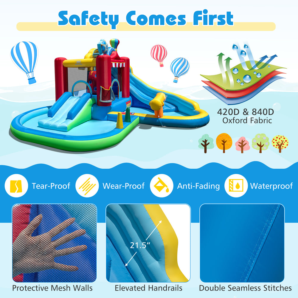 Inflatable water park with slide, splash pool, and water cannon made from tear-proof 420D Oxford fabric for safe summer.