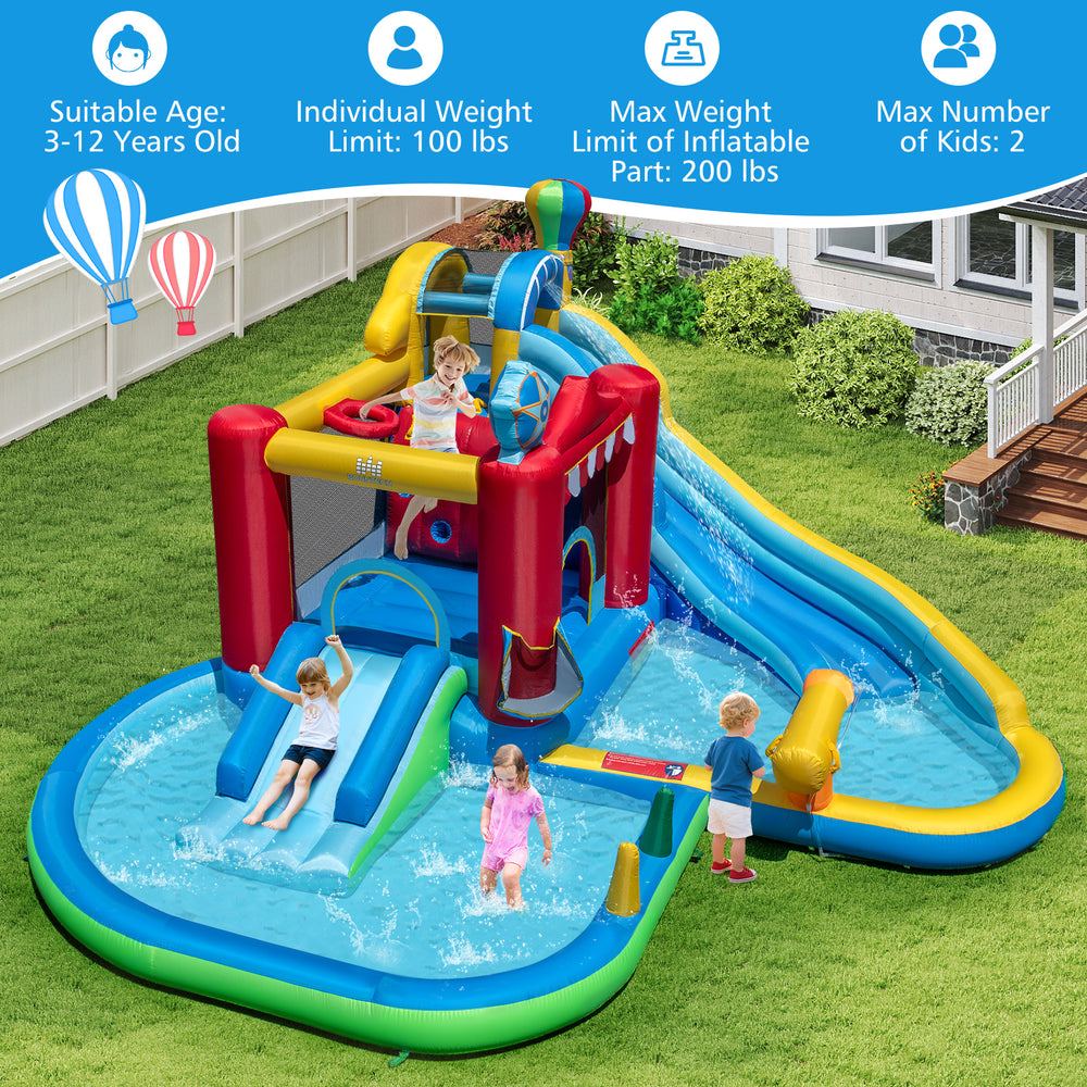Inflatable water park with splash pool, water slide, and climbing wall for kids' outdoor fun and birthday parties.
