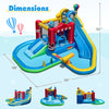 Inflatable water park with slide, splash pool, and water cannon for summer fun; features bounce house and climbing wall.