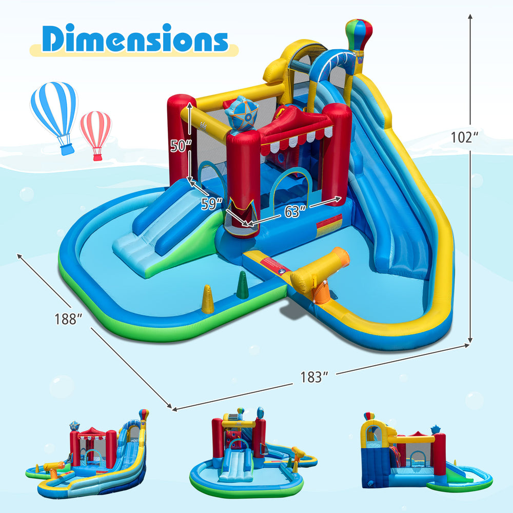 Inflatable water park with slide, splash pool, and water cannon for summer fun; features bounce house and climbing wall.