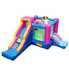 Inflatable bounce house with slides and basketball hoop, featuring a doughnut theme for backyard fun and safety.
