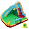 Giant inflatable water slide park with climbing wall, splash pool, and basketball hoop for outdoor fun and active play.