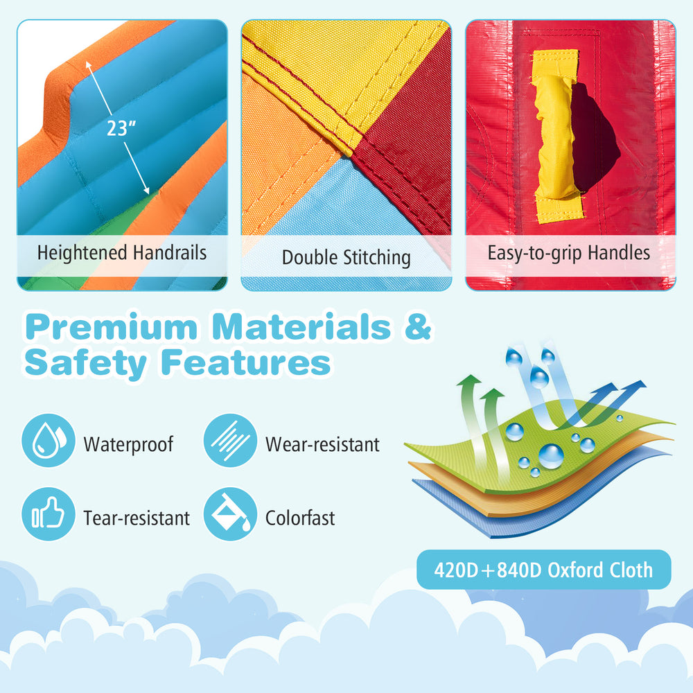 Inflatable water slide park features heightened handrails, double stitching, and easy-to-grip handles for safe play.