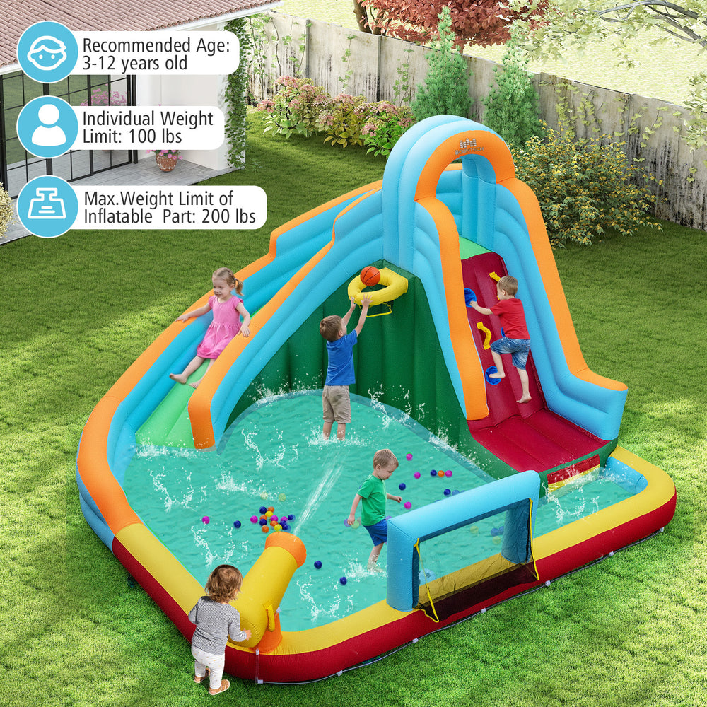 Inflatable Water Slide Park featuring a long slide, climbing wall, and splash pool, perfect for kids' outdoor fun.
