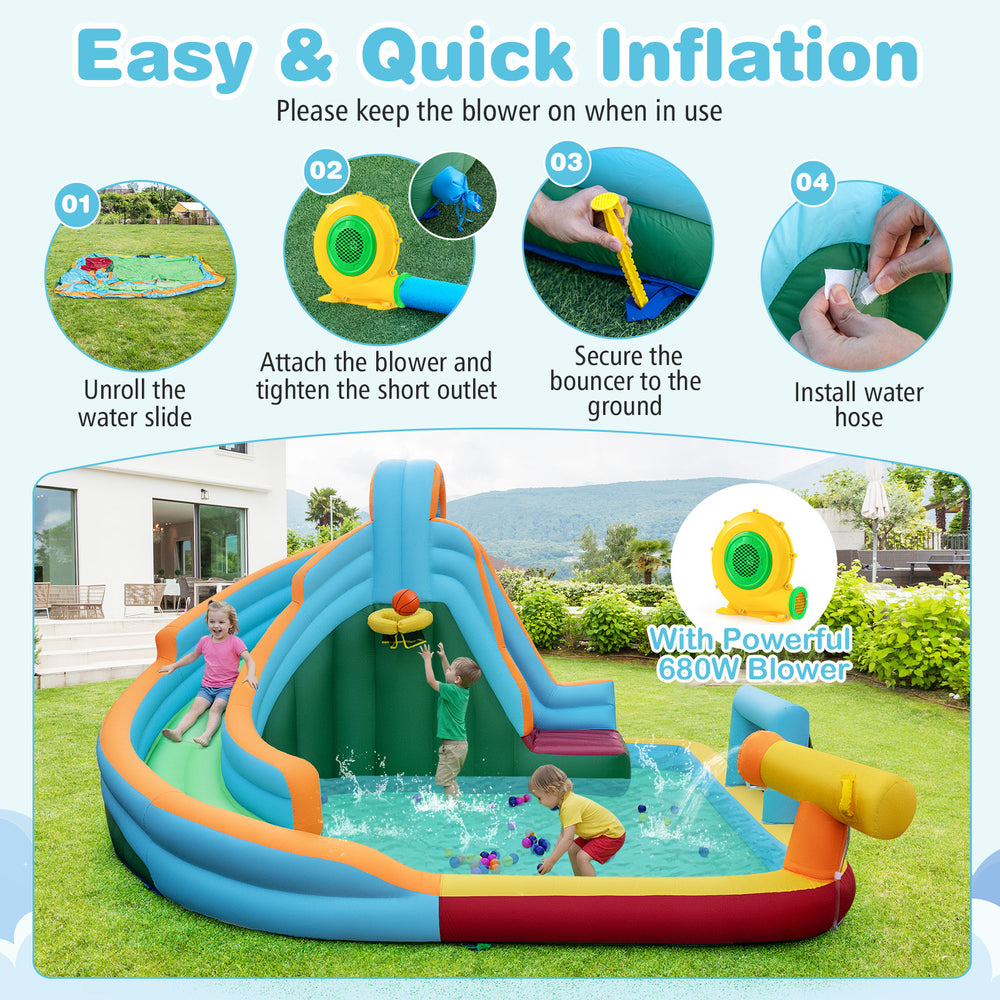 Inflatable water slide park featuring a long slide, climbing wall, splash pool, and water cannon for outdoor fun.