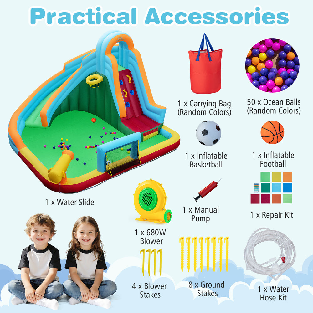 Inflatable Water Slide Park with long slide, splash pool, climbing wall, and accessories for outdoor fun and safety.