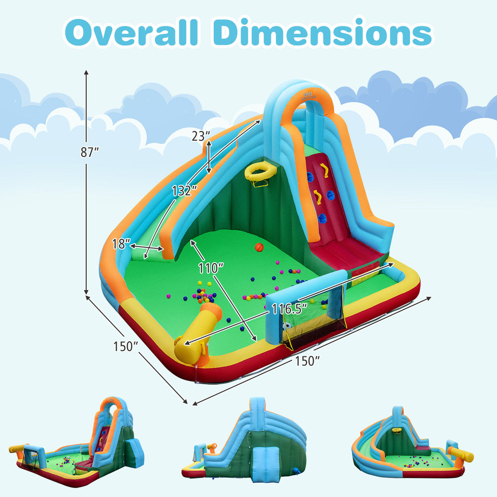 Inflatable Water Slide Park with dimensions, featuring a long slide, splash pool, climbing wall, and safety handrails.