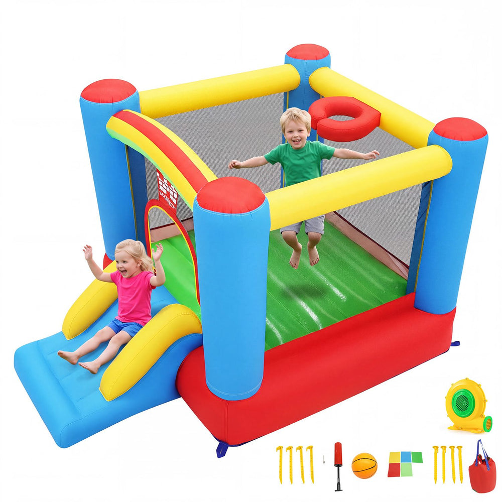 Colorful Rainbow Castle inflatable bounce house with slide and basketball hoop for outdoor fun and energetic play.