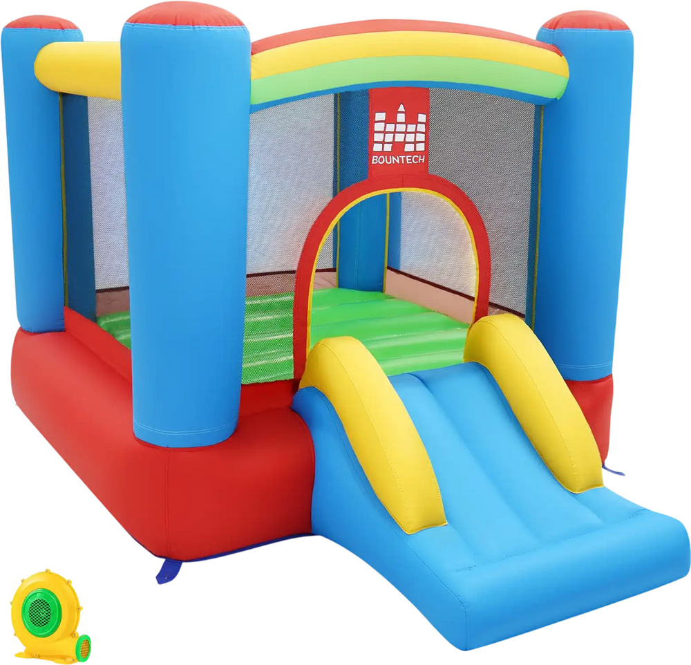 Rainbow Castle Inflatable Bounce House includes a 370W blower for quick inflation and a colorful design for energetic play.