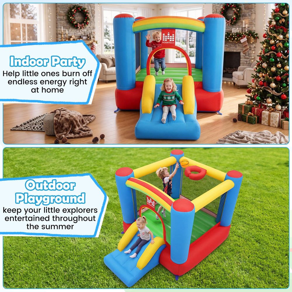 Rainbow Castle Inflatable Bounce House features a spacious jumping area, slide, and basketball hoop for endless summer fun.