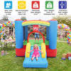 Rainbow Castle Inflatable Bounce House features a slide, basketball hoop, and spacious jumping area for outdoor fun.