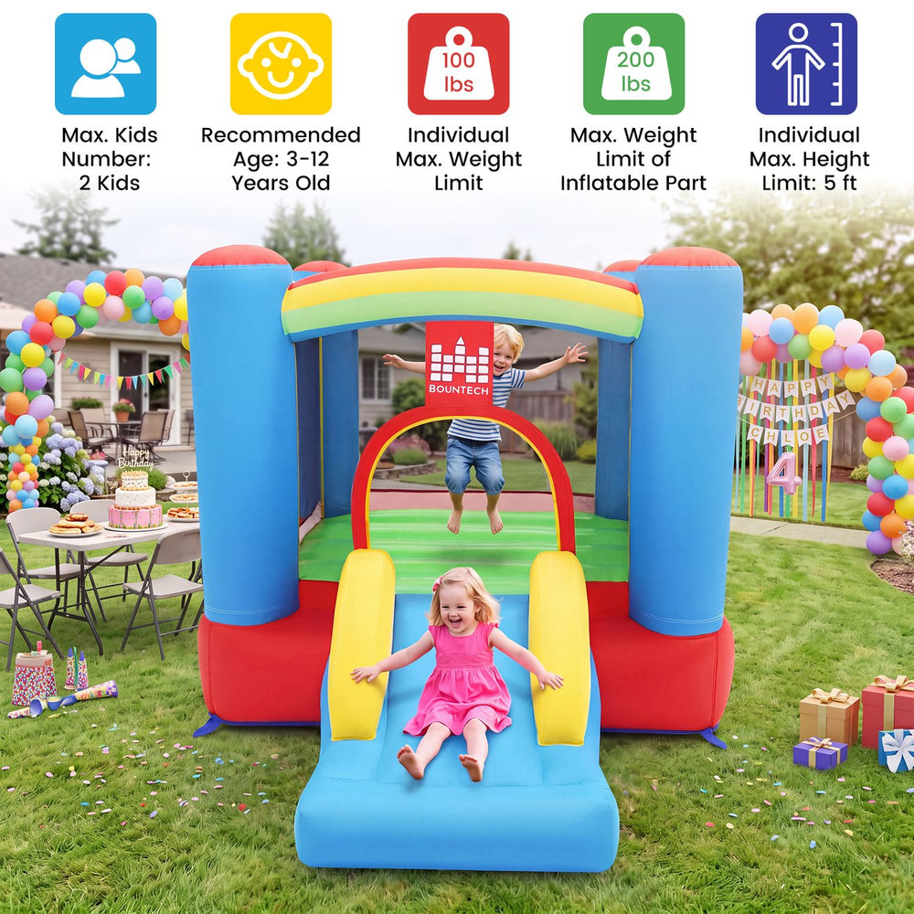 Rainbow Castle Inflatable Bounce House features a slide, basketball hoop, and spacious jumping area for outdoor fun.