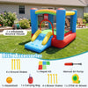 Rainbow Castle Inflatable Bounce House with slide and basketball hoop, perfect for outdoor fun and energetic play.