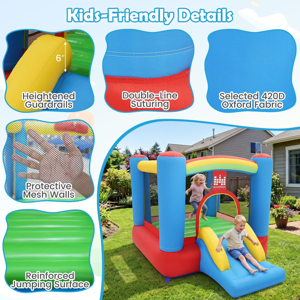 Rainbow Castle Inflatable Bounce House features a spacious jumping area, protective mesh walls, and vibrant colors for outdoor fun.