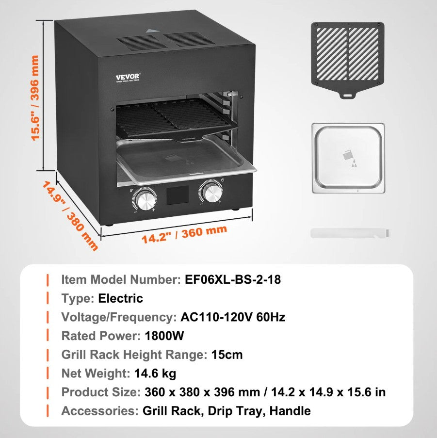 Vevor Infrared Electric Steak Grill 1800W with 6-Tier Rack and Timer Control New