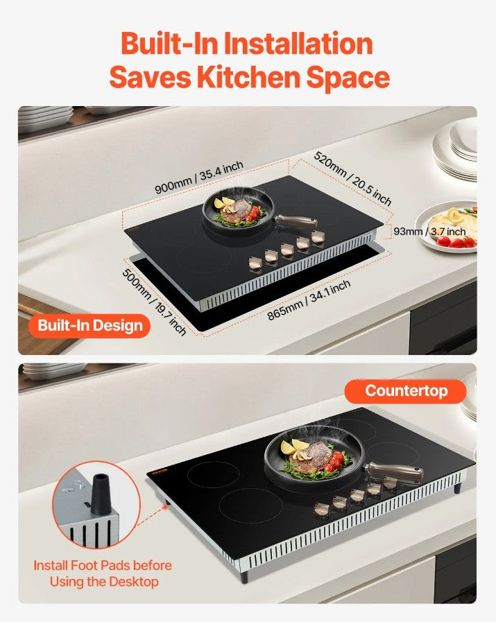 Vevor Built-In Electric Induction Cooktop 5-Burner 9200W Multi-Zone with Safety Features New