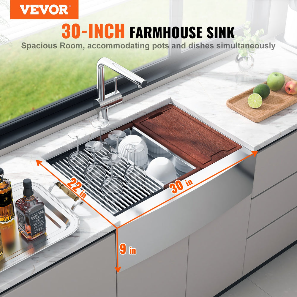 Vevor 30" Farmhouse Kitchen Sink Stainless Steel Drop-In Sink Single Bowl with Ledge and Accessories New