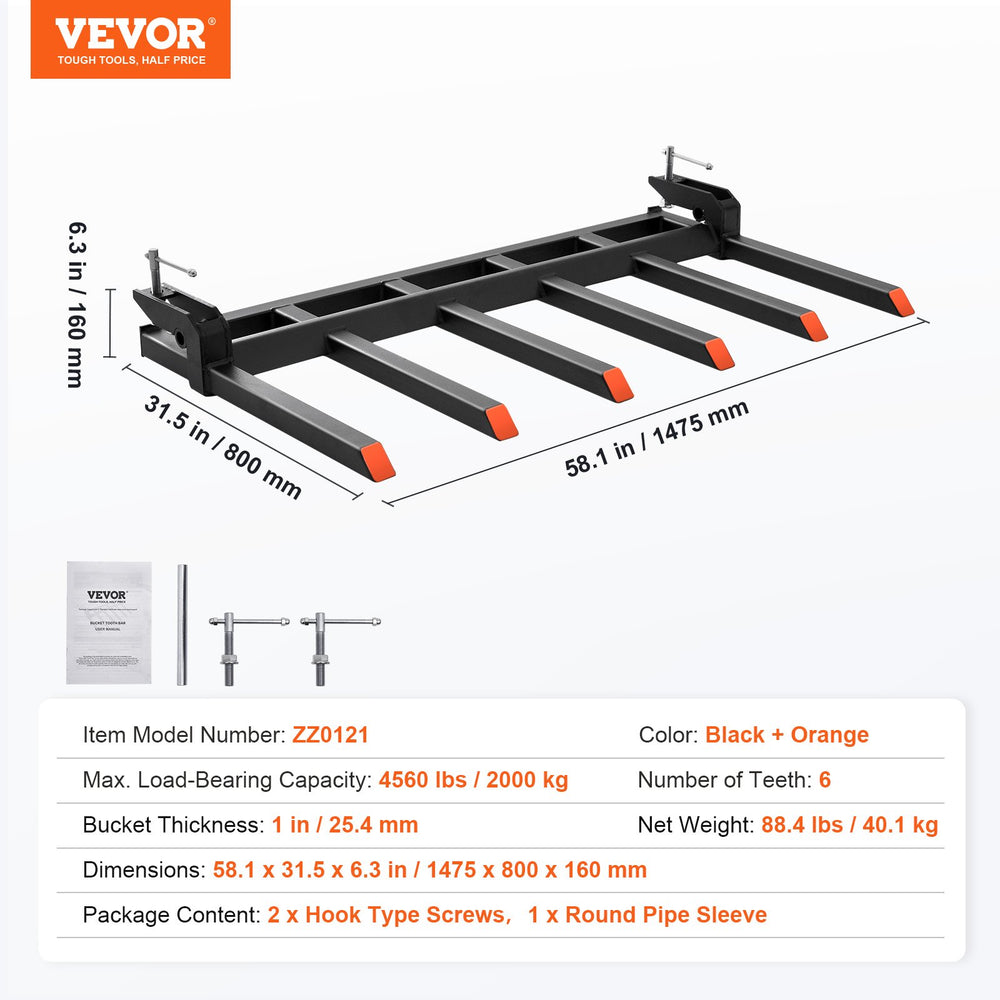 Vevor Clamp-On Debris Forks Attachment for 60" Bucket 4560 Lbs. Capacity Heavy Duty New