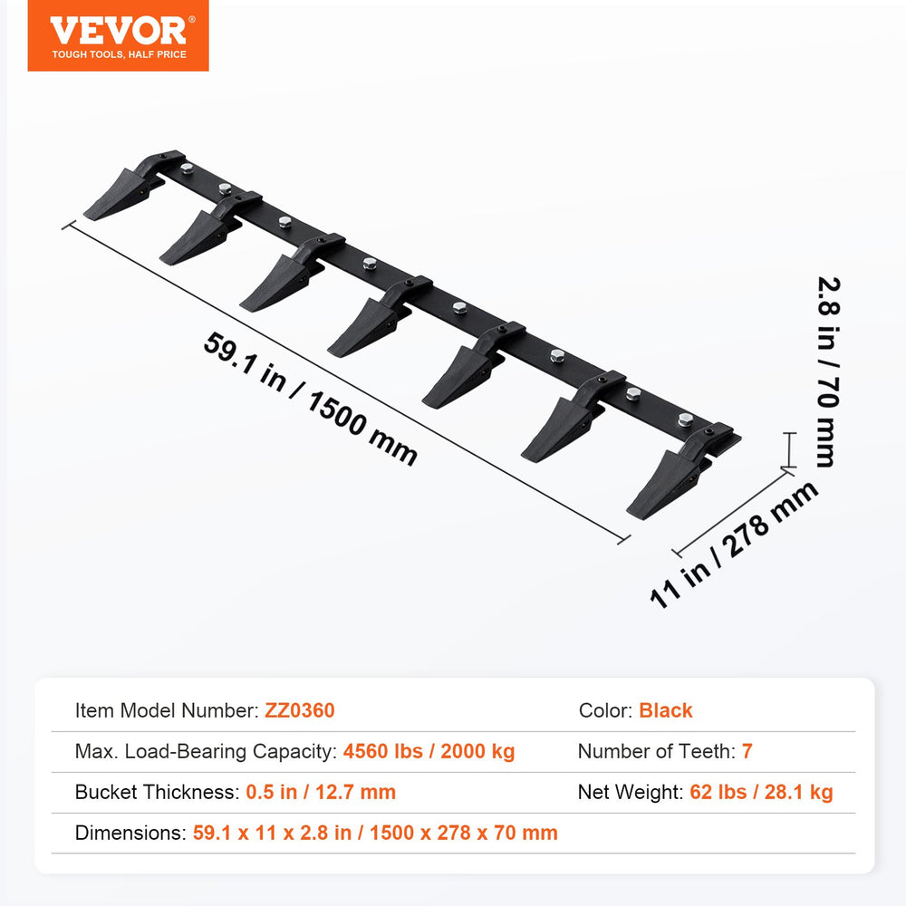 Vevor Bolt-On Tooth Bar Attachment for 60" Bucket 7 Teeth 4560 Lbs. Capacity New