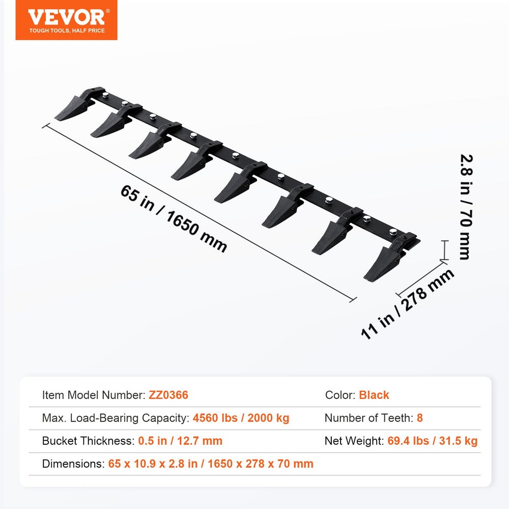 Vevor Bolt-On Tooth Bar Attachment for 66" Bucket 8 Teeth 4560 Lbs. Capacity New