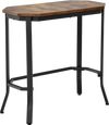 Narrow end table with rustic wood grain and stable steel frame in rustic brown, ideal for living room or entryway use.