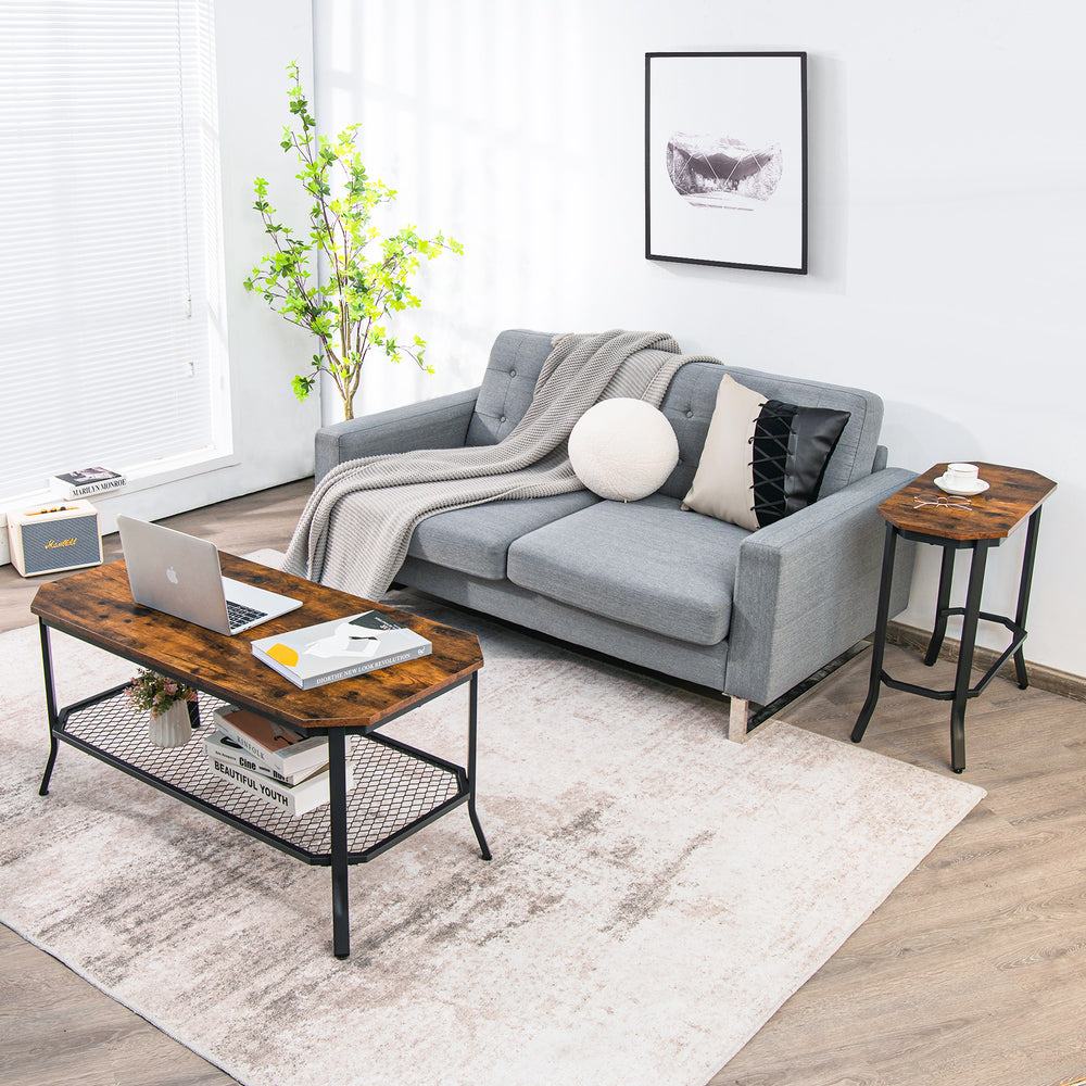 Narrow end table with rustic wood grain and stable steel frame, perfect for living room or bedroom use.