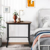 Narrow end table with rustic wood grain and stable steel frame in rustic brown, ideal for bedroom or living room use.