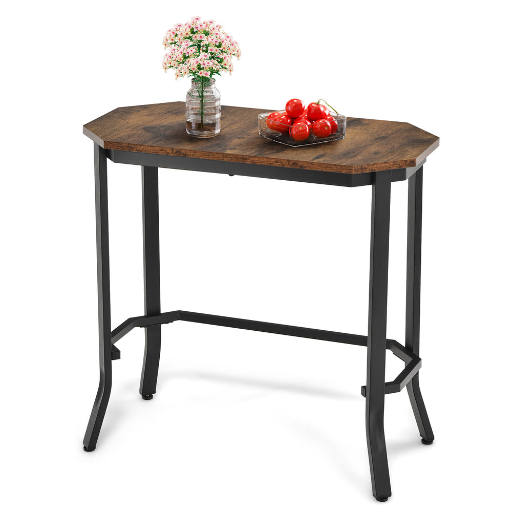Narrow end table with rustic wood grain and stable steel frame in rustic brown, perfect for living room or entryway use.