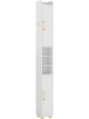 Narrow white bathroom storage cabinet with open shelves, golden handles, and toilet paper holder for efficient.
