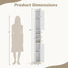 Narrow bathroom storage cabinet dimensions with open shelves, closed cabinets, and toilet paper holder in white.