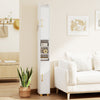 Narrow white bathroom storage cabinet with open shelves, gold handles, and toilet paper holder for efficient space use.